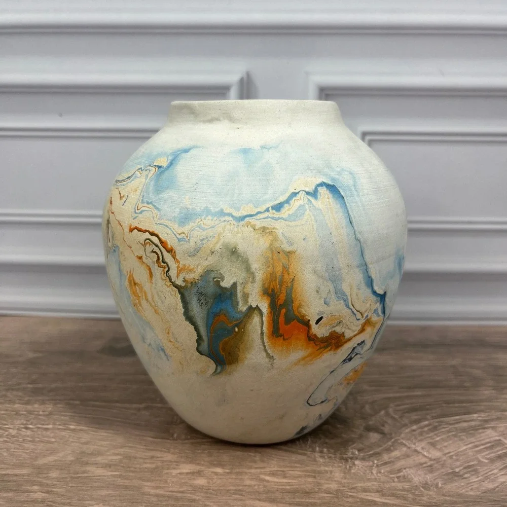 Nemadji Pottery Bud Vase 5 in Cream Blue Orange Marbled Swirl Made in USA
